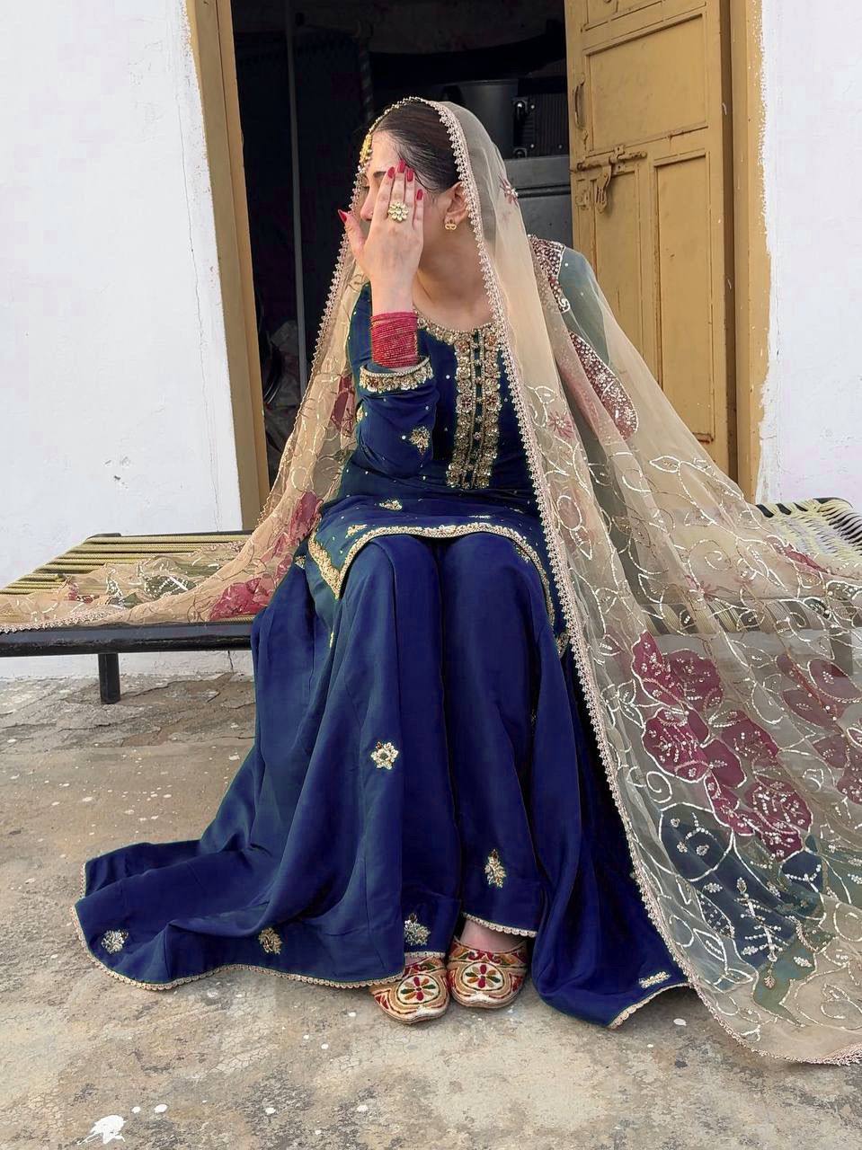 Graceful Chinon Suit Set Featuring Sequin Embroidered Top and Plazzo