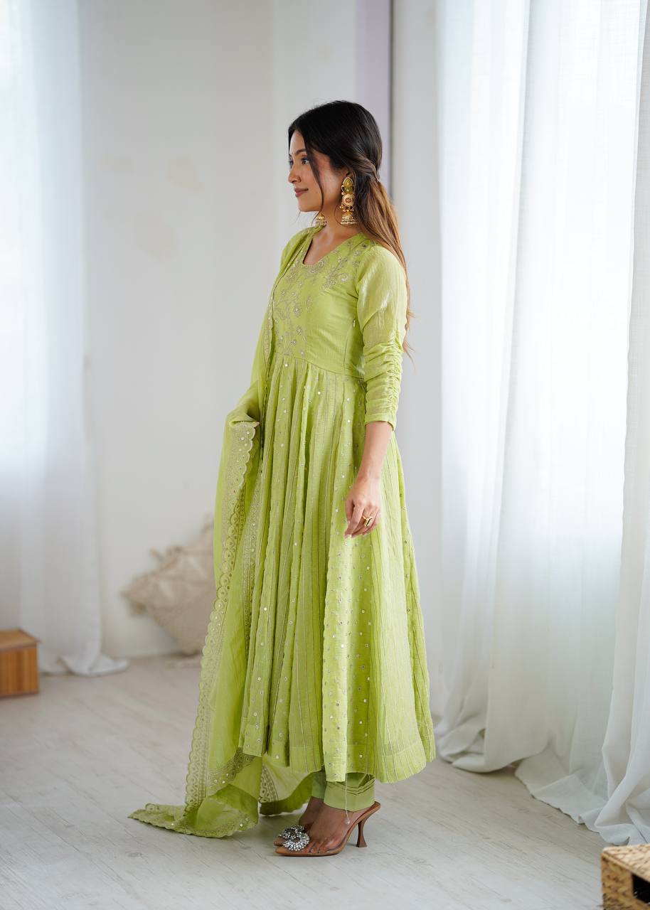 Anarkali Gown in Crunchy Silk with Sequin Embroidery, Paired with Micro Cotton Pants and Lace Dupatta