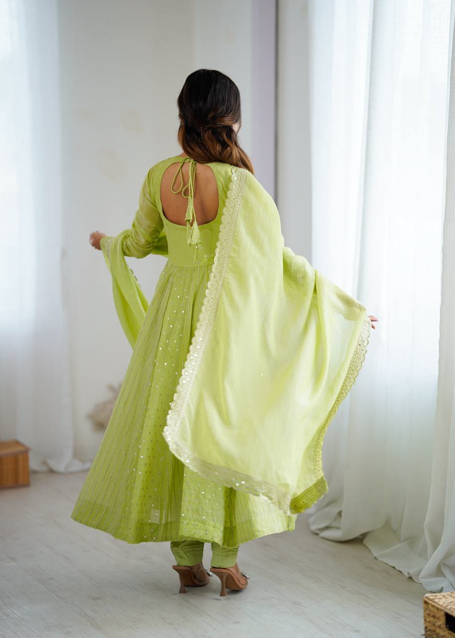 Anarkali Gown in Crunchy Silk with Sequin Embroidery, Paired with Micro Cotton Pants and Lace Dupatta