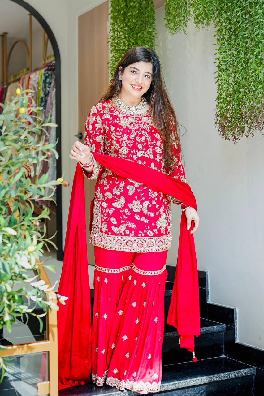 Premium Faux Georgette Top Plazzo Suit with Heavy Sequence and Beads Work