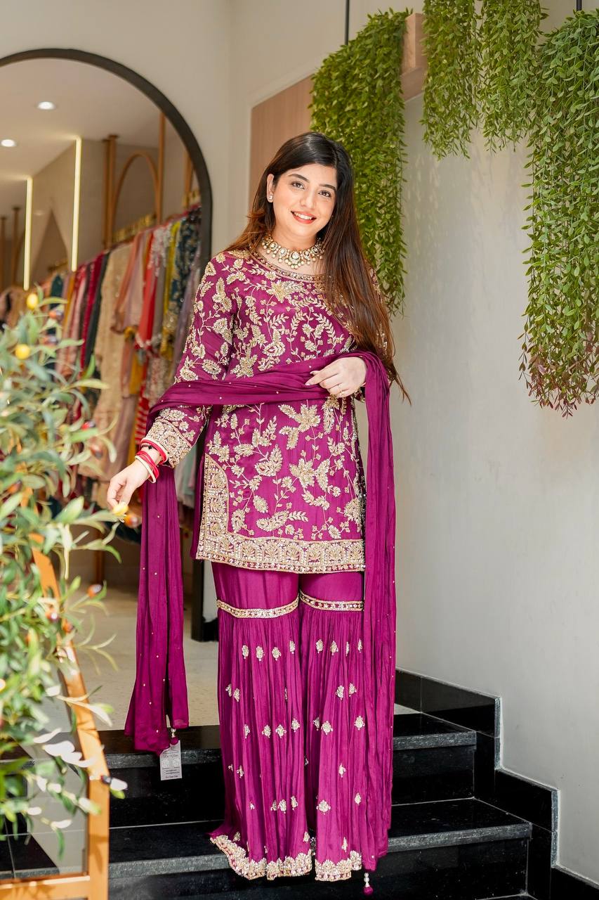 Premium Faux Georgette Top Plazzo Suit with Heavy Sequence and Beads Work