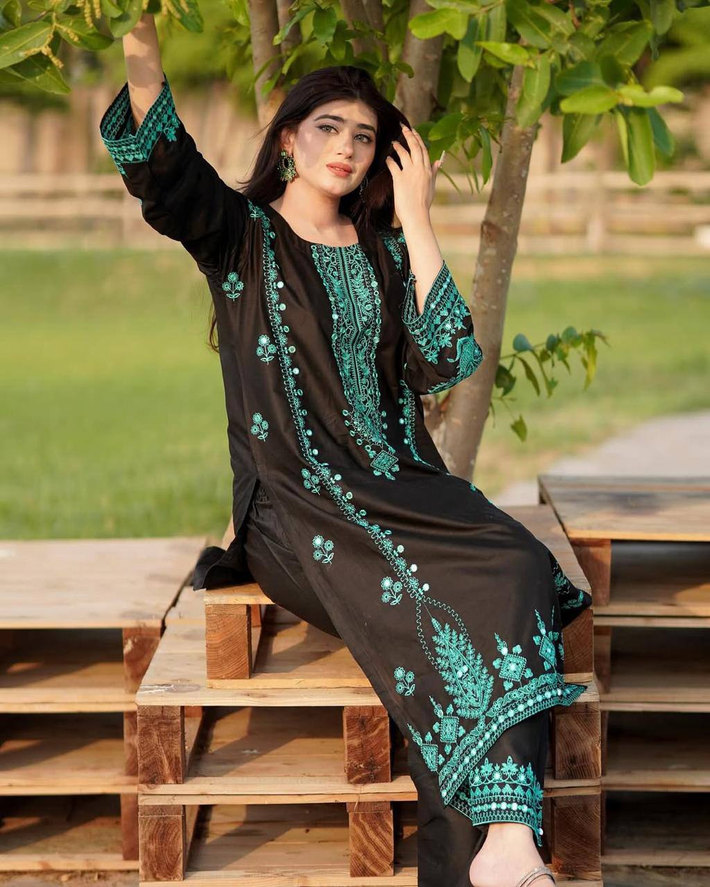 3-Piece Roman Silk Plazzo Set with Embroidery & Mirror Work Dupatta