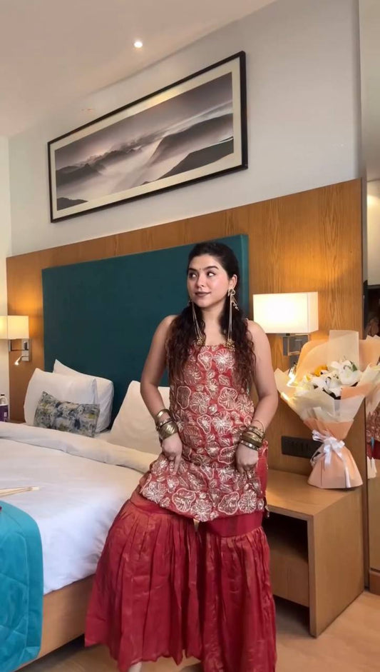 Simmer Silk 3-Piece Sharara Set with Artistic Embroidery, Sequin Highlights, and Ultra-Soft Micro Cotton Lining