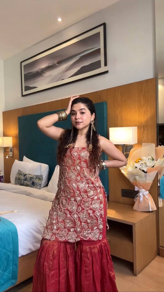 Simmer Silk 3-Piece Sharara Set with Artistic Embroidery, Sequin Highlights, and Ultra-Soft Micro Cotton Lining