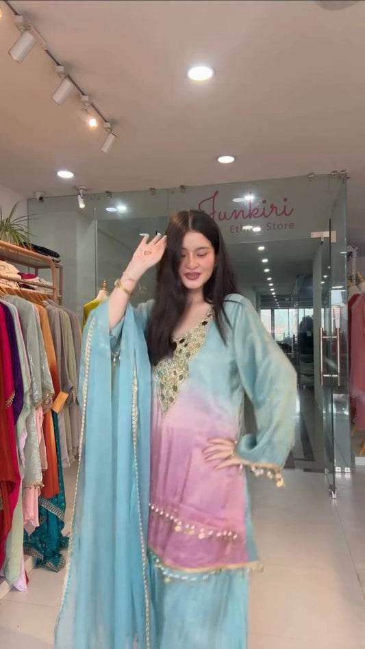 Traditional Printed Crape Silk Plazo Set with Embroidered Top and Dupatta