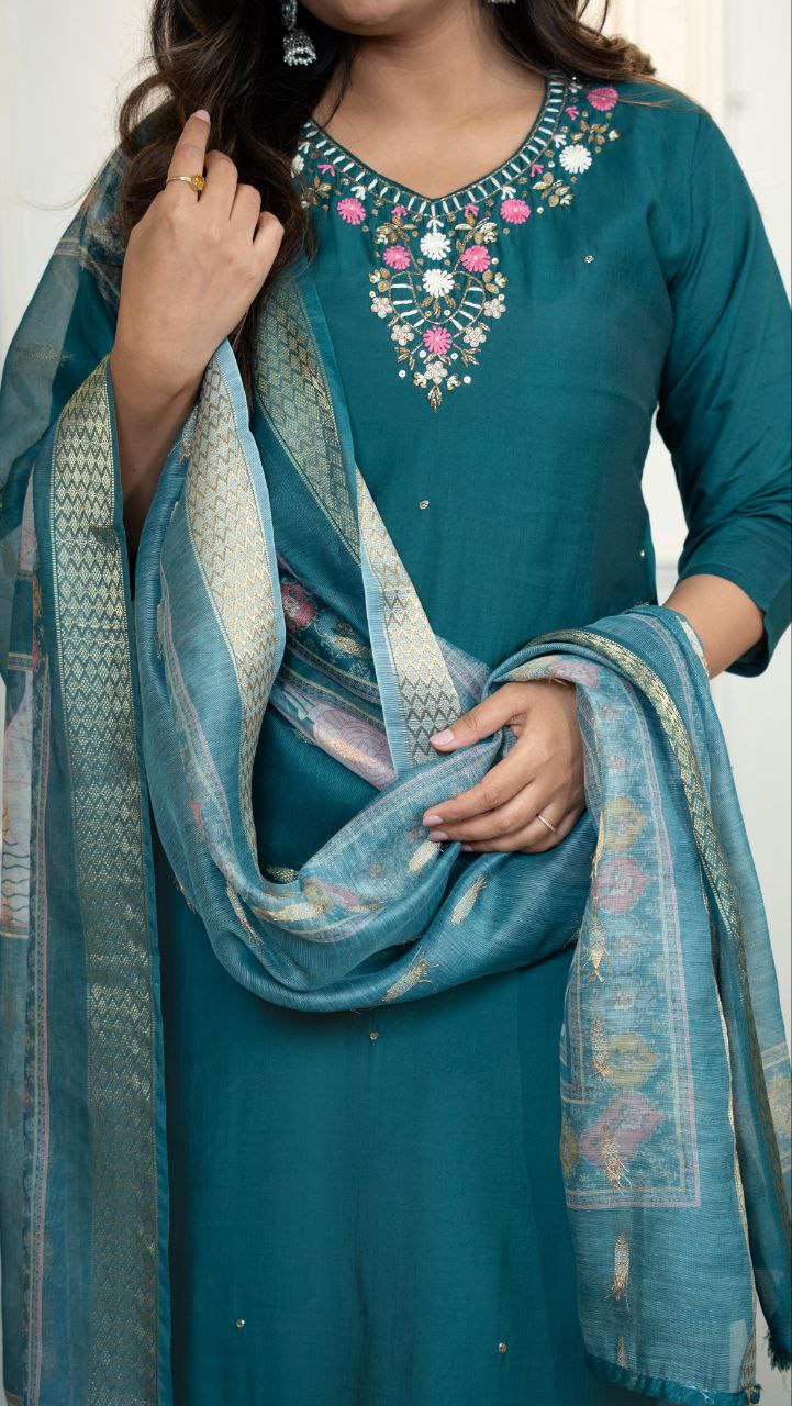 Premium Roman Silk Kurti Pent Dupatta Set