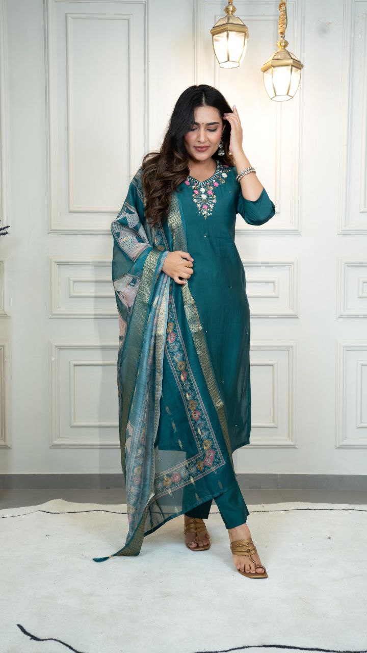 Premium Roman Silk Kurti Pent Dupatta Set