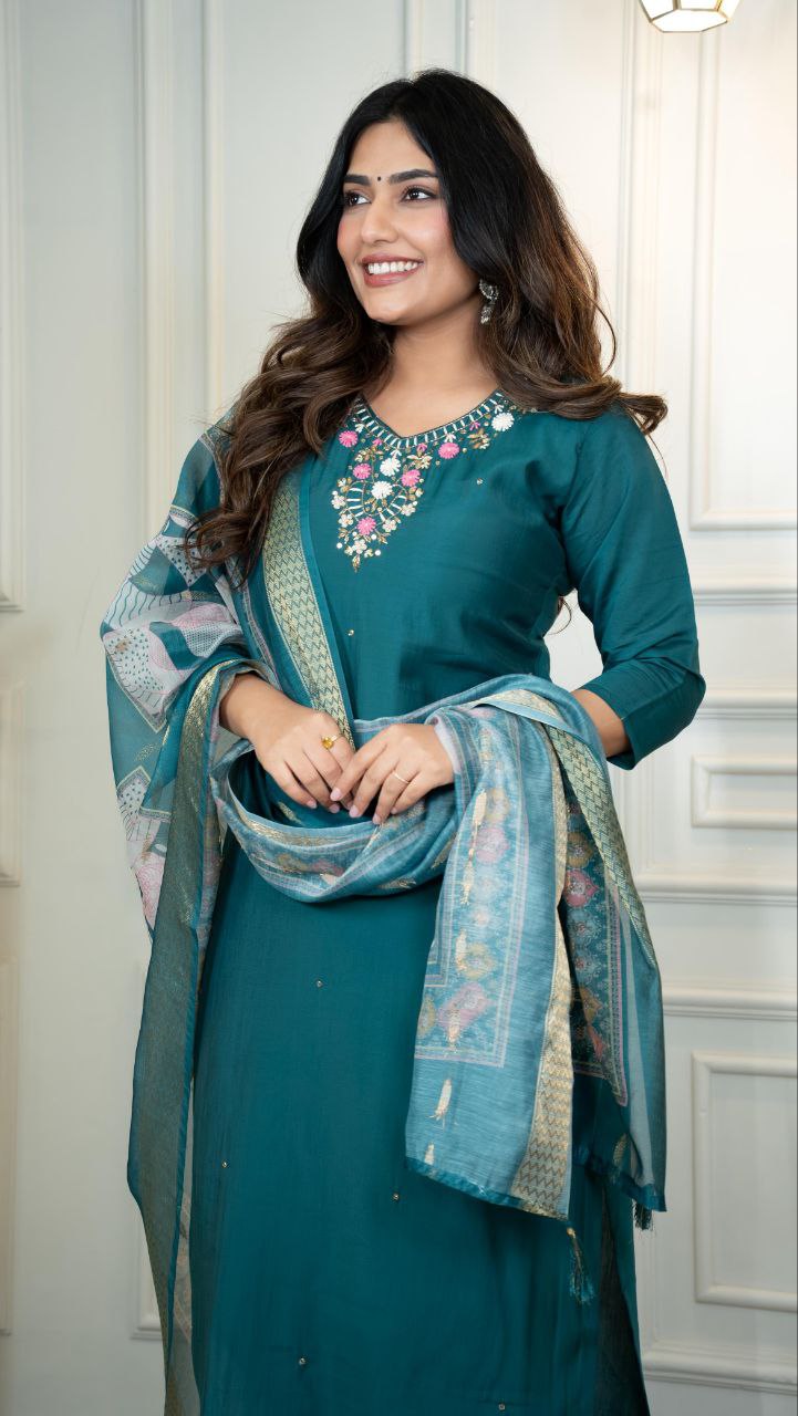 Premium Roman Silk Kurti Pent Dupatta Set