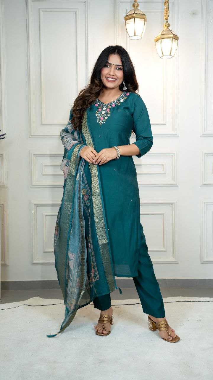 Premium Roman Silk Kurti Pent Dupatta Set