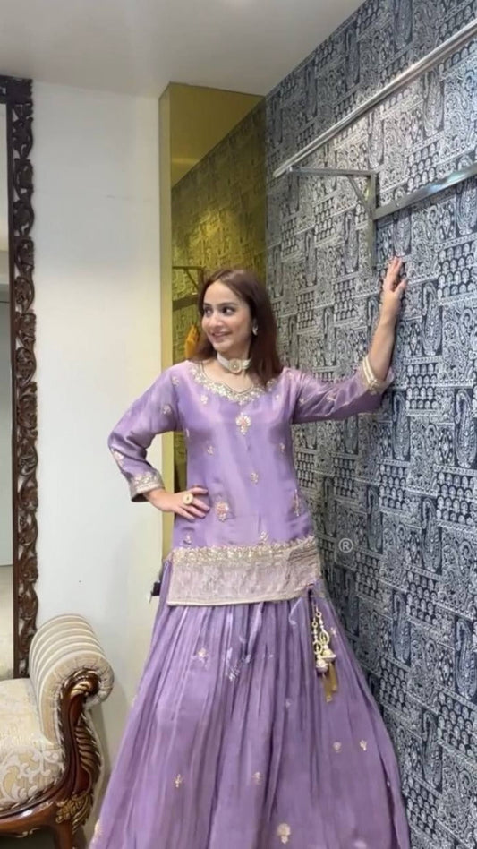 Elegant Jimmy Choo Silk Top Lehenga Dupatta Set with Heavy Embroidery and Lace Border - Jaipuri Vastra