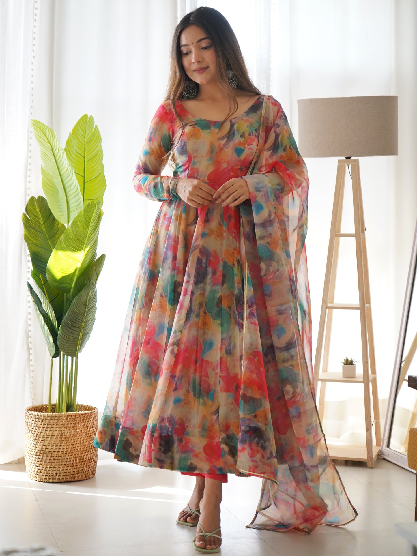 Tabby Organza Silk Kali Pattern Flared Gown with Canvas Patta Dupatta and Pant Set - Jaipuri Vastra