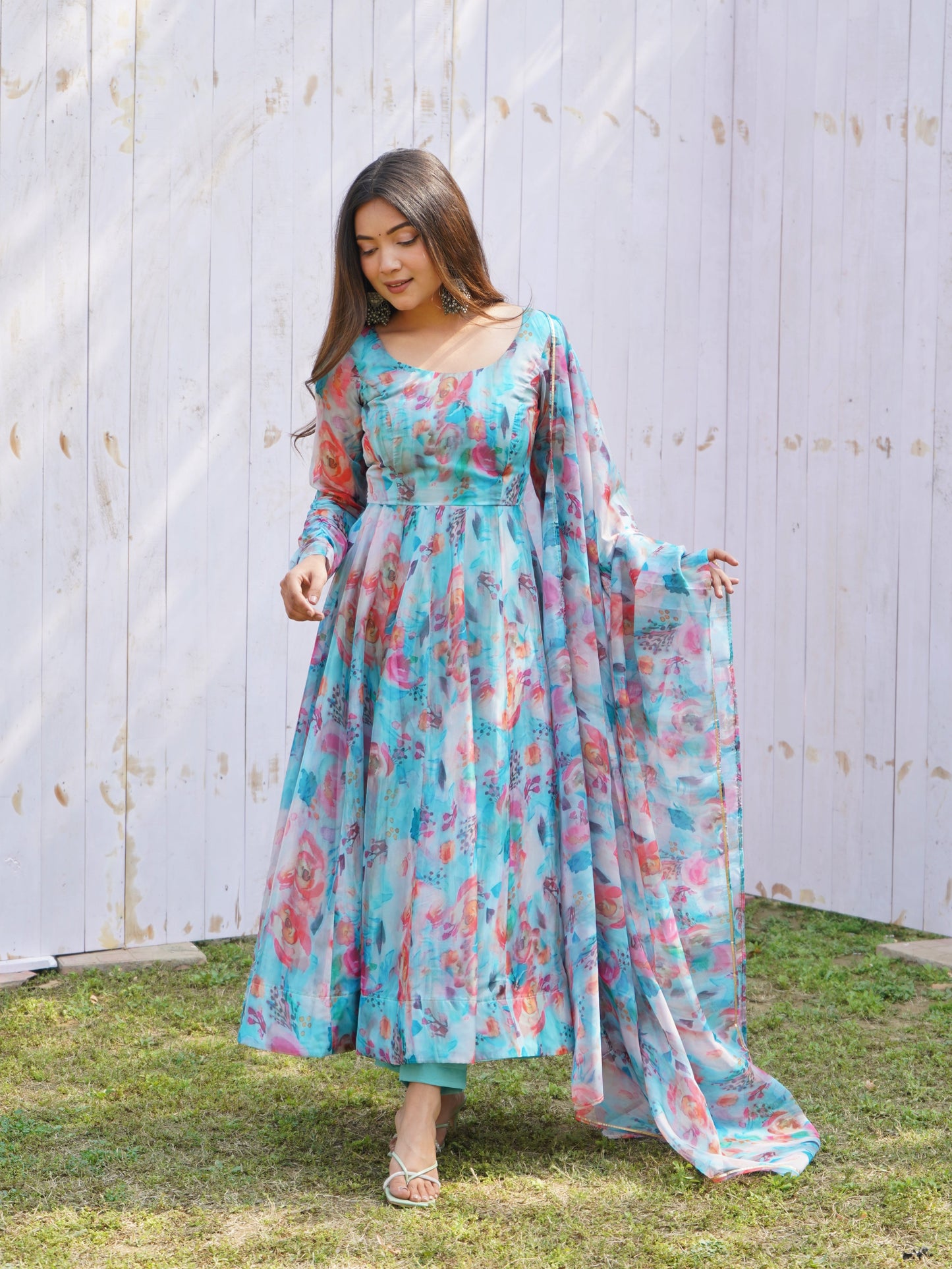 Tabby Organza Silk Kali Pattern Flared Gown with Canvas Patta Dupatta and Pant Set - Jaipuri Vastra