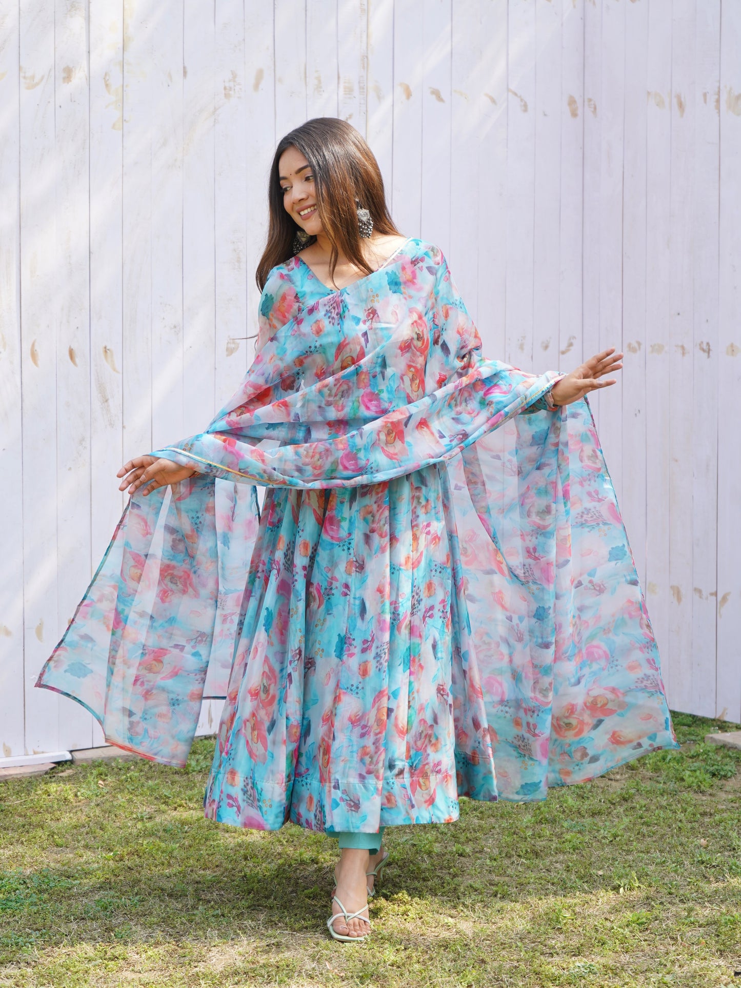 Tabby Organza Silk Kali Pattern Flared Gown with Canvas Patta Dupatta and Pant Set - Jaipuri Vastra