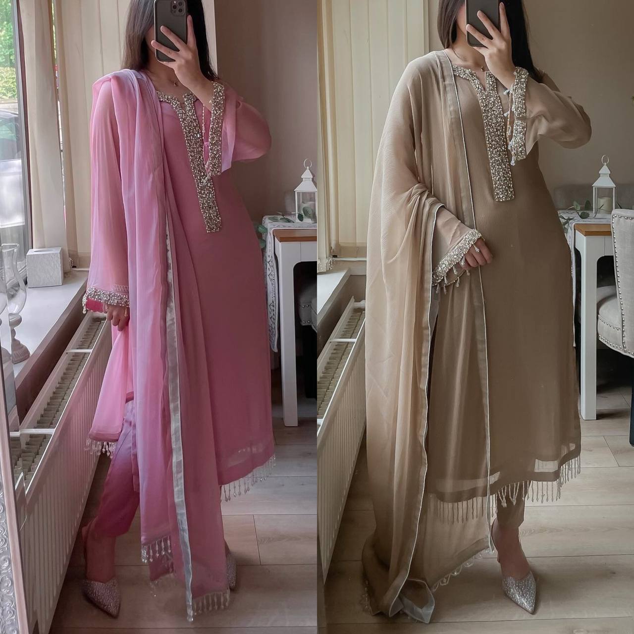 Desirable Fancy Faux Georgette Moti Handwork Suit Set with Dupatta