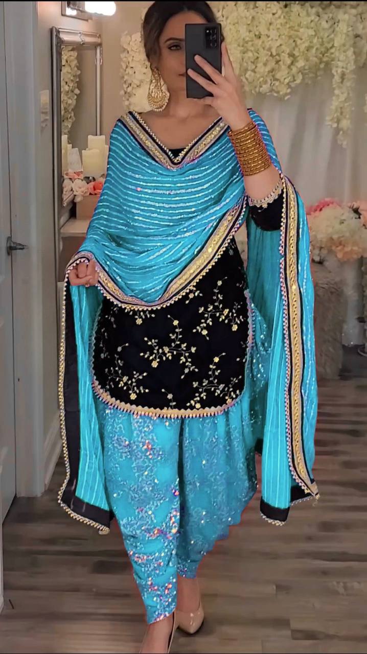 Premium Viscose Velvet Embroidered Dhoti Salwar Suit Set With Dupatta – Fully Stitched