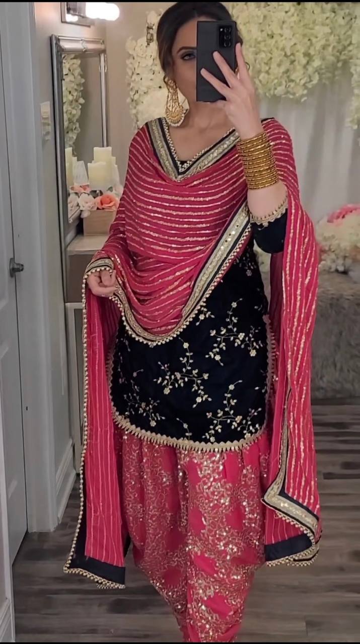 Premium Viscose Velvet Embroidered Dhoti Salwar Suit Set With Dupatta – Fully Stitched