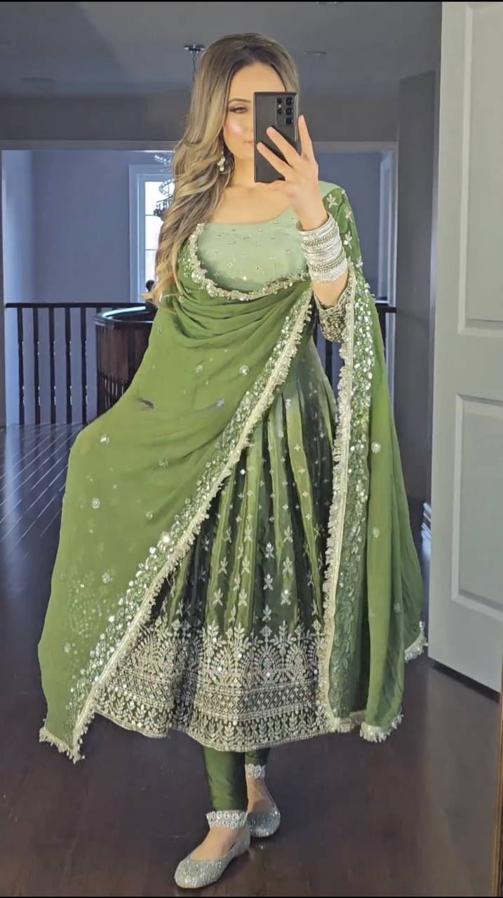Premium Olive Green Sequence Work Chinon Silk Gown Set with Dupatta | Party Wear Suit