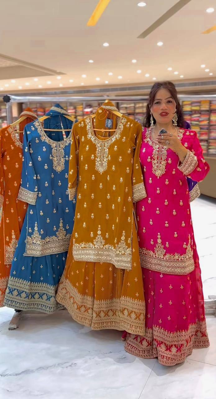 Premium Heavy Chinnon Silk Sharara Set with Dupatta | Party Wear Designer Suit