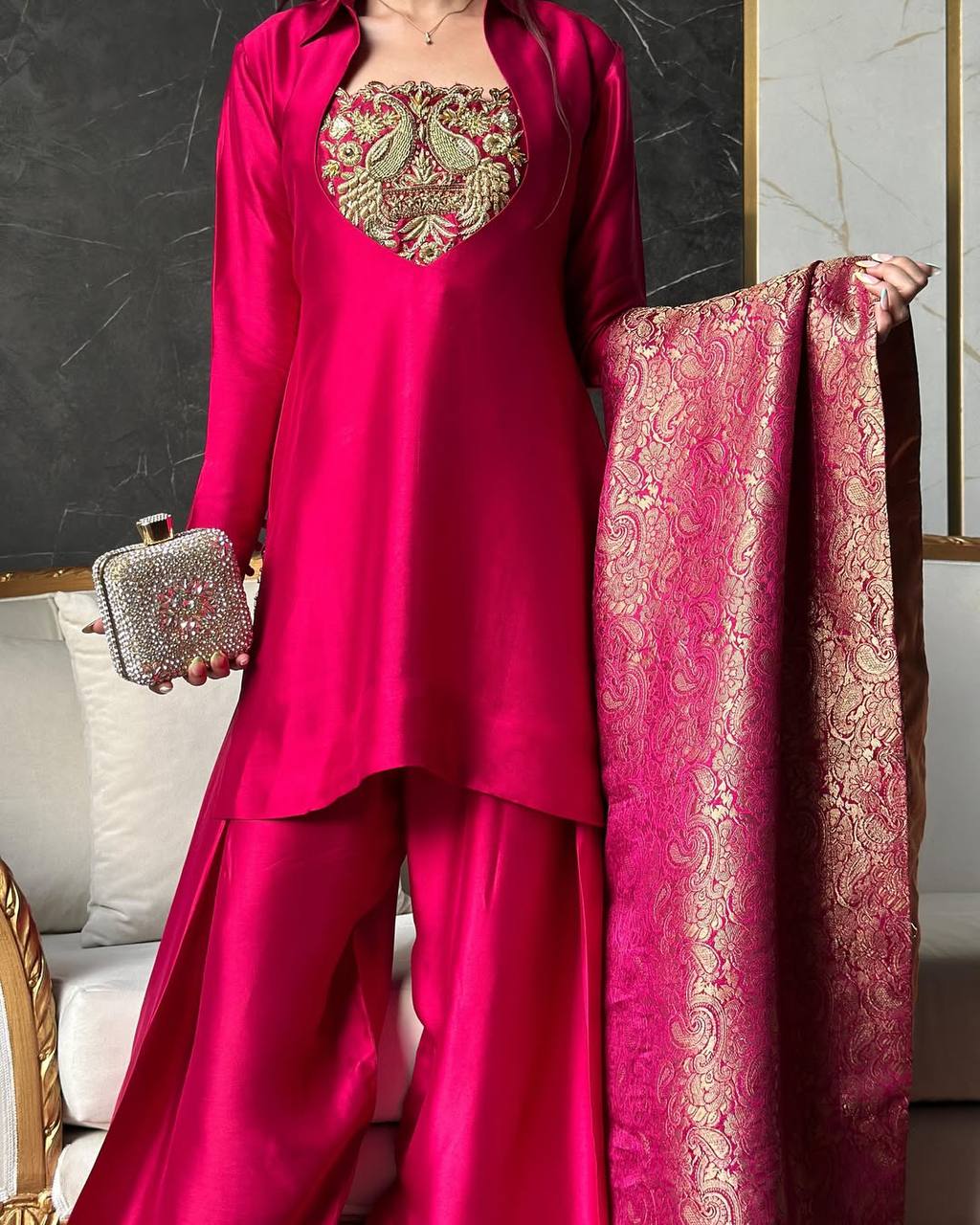 Designer Malay Satin Silk Farshi Salwar Suit with Jacquard Dupatta – Premium Party Wear