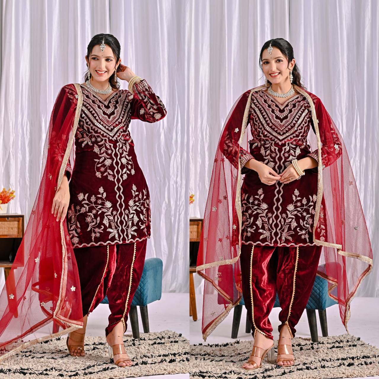 Designer Velvet Embroidered Dhoti Suit with Dupatta | Party Wear Set