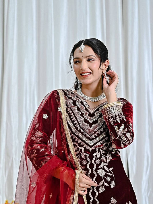 Designer Velvet Embroidered Dhoti Suit with Dupatta | Party Wear Set