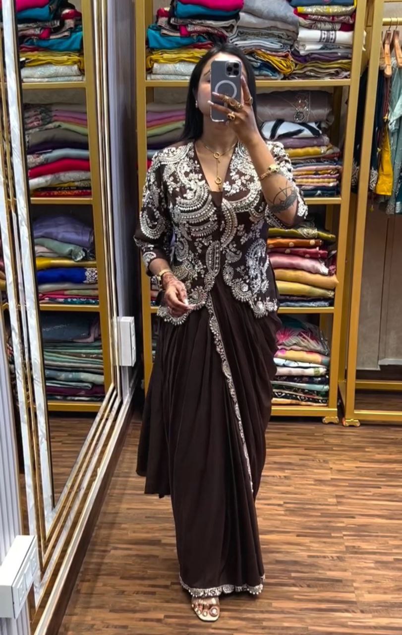 Chocolate Brown Embroidered Ready-to-Wear Saree with Designer jacket