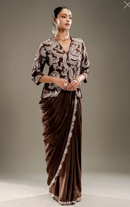 Chocolate Brown Embroidered Ready-to-Wear Saree with Designer jacket