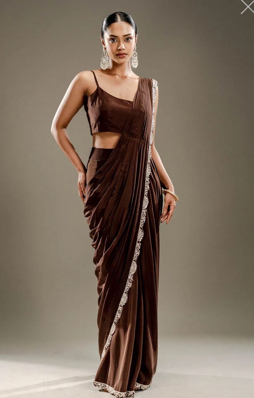 Chocolate Brown Embroidered Ready-to-Wear Saree with Designer jacket