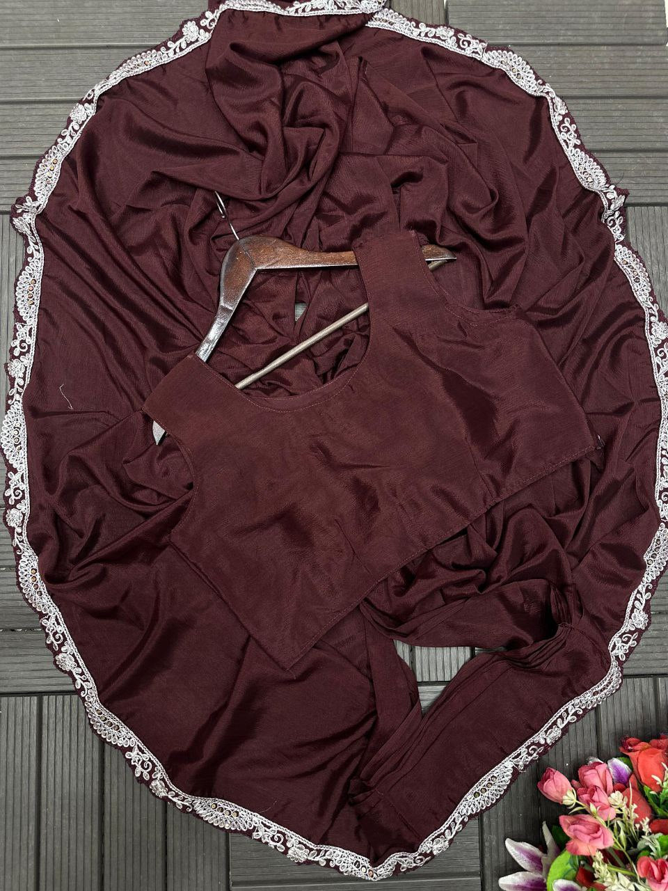 Chocolate Brown Embroidered Ready-to-Wear Saree with Designer jacket