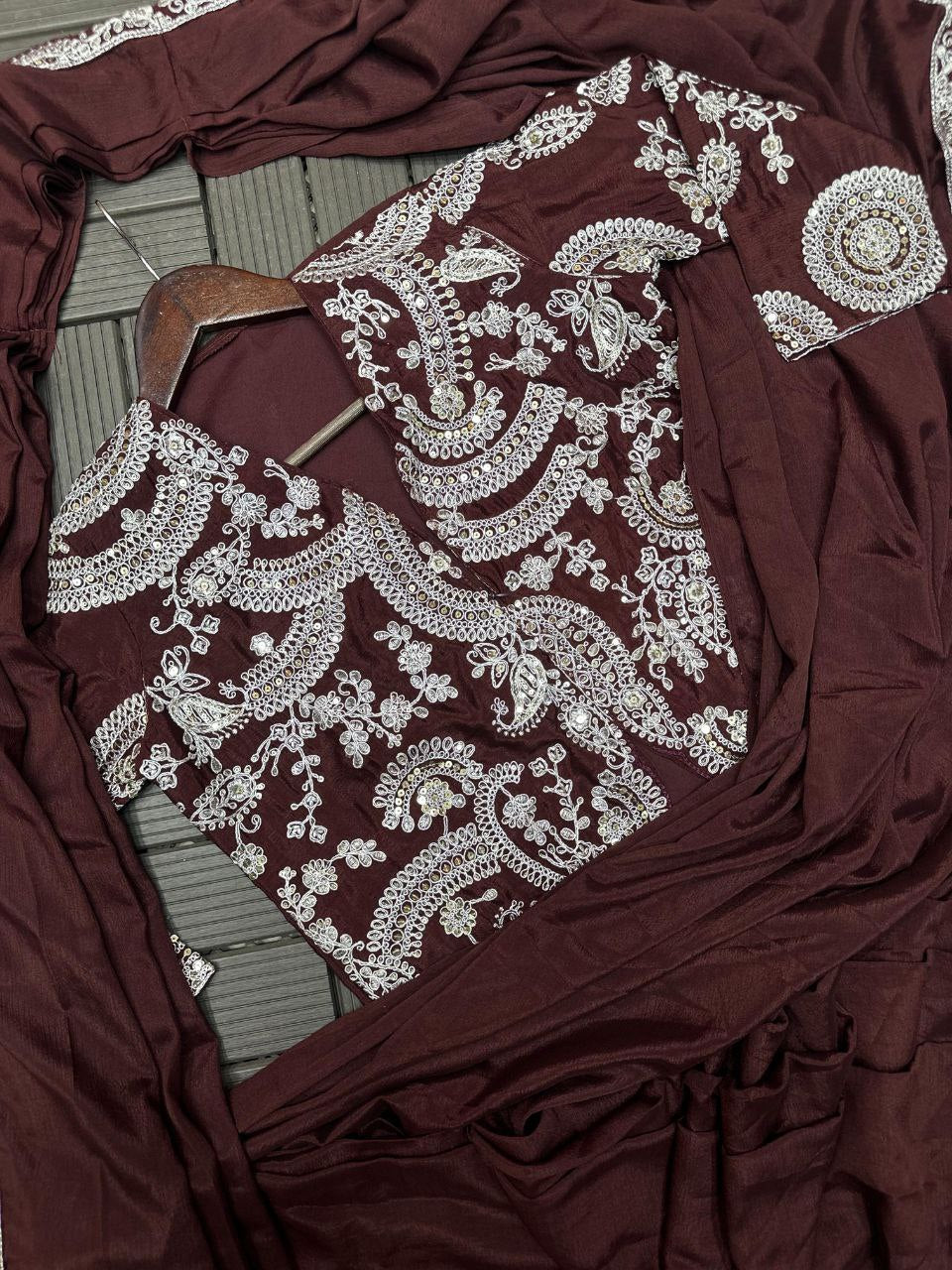 Chocolate Brown Embroidered Ready-to-Wear Saree with Designer jacket
