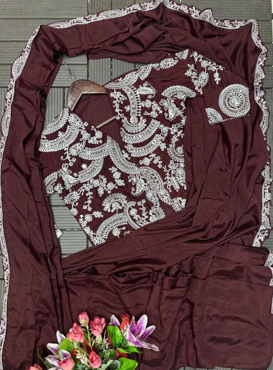 Chocolate Brown Embroidered Ready-to-Wear Saree with Designer jacket