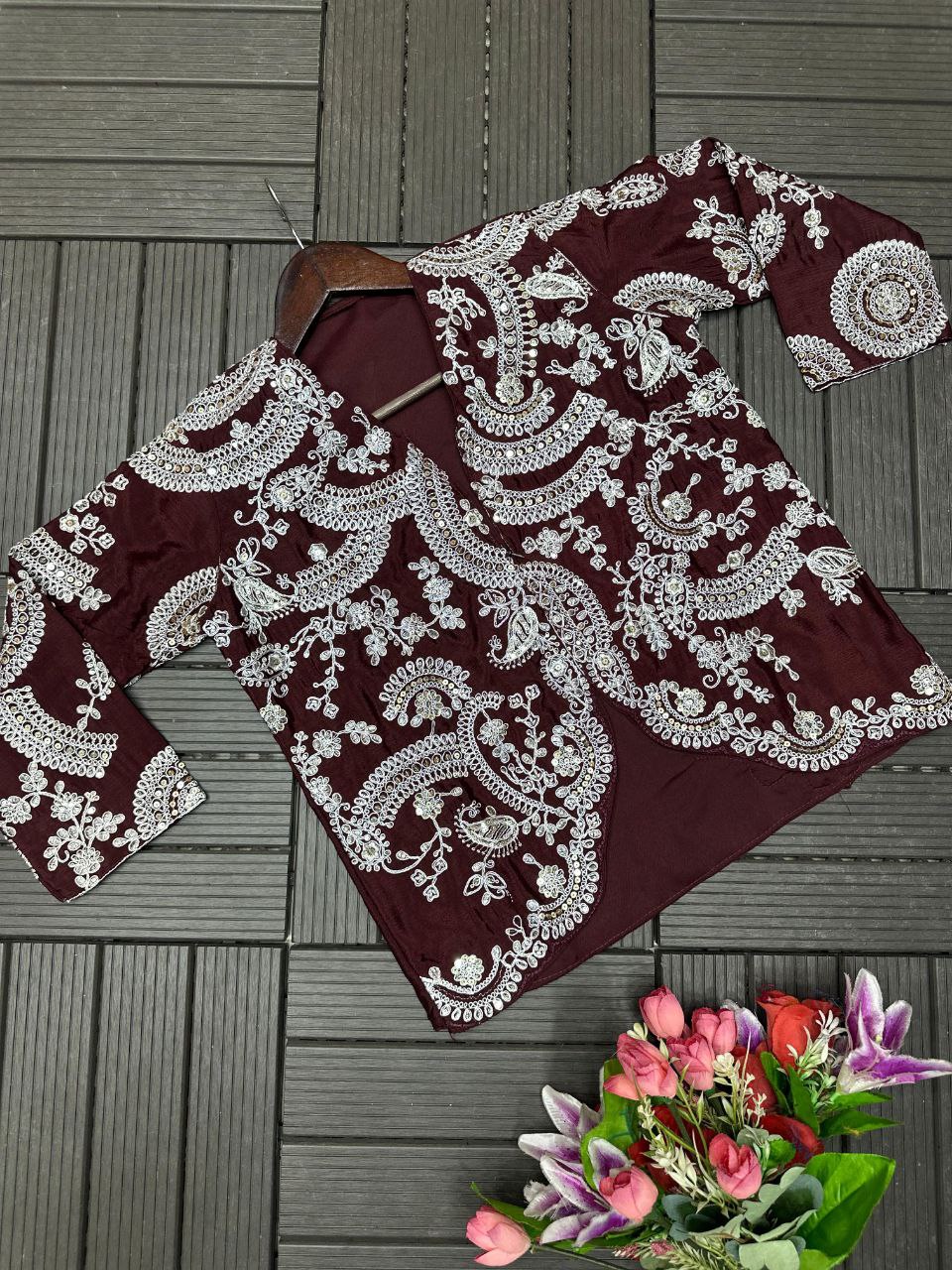 Chocolate Brown Embroidered Ready-to-Wear Saree with Designer jacket
