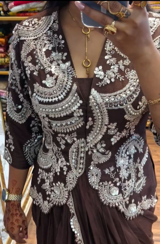 Chocolate Brown Embroidered Ready-to-Wear Saree with Designer jacket