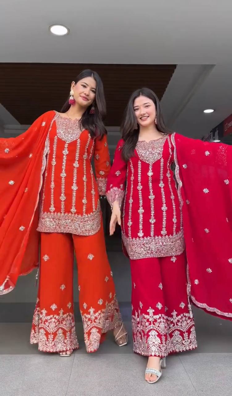 “Hot pink embroidered palazzo suit with designer dupatta.”