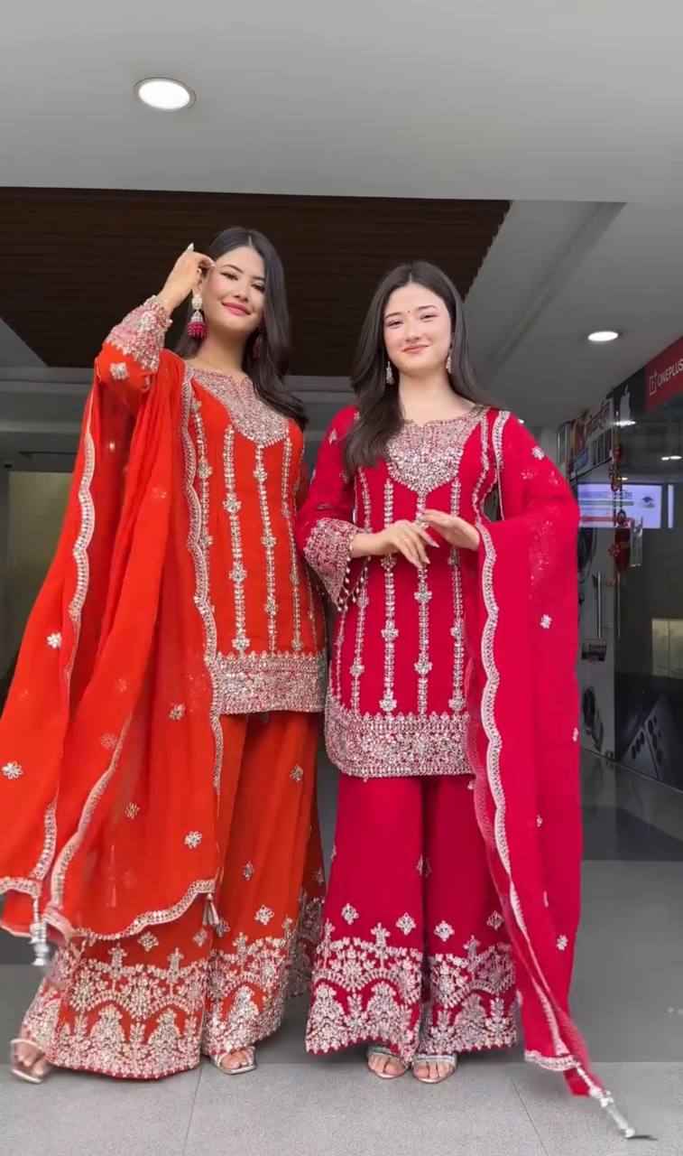 Premium Chinnon Silk Palazzo Suit with Heavy Coding Sequence Work