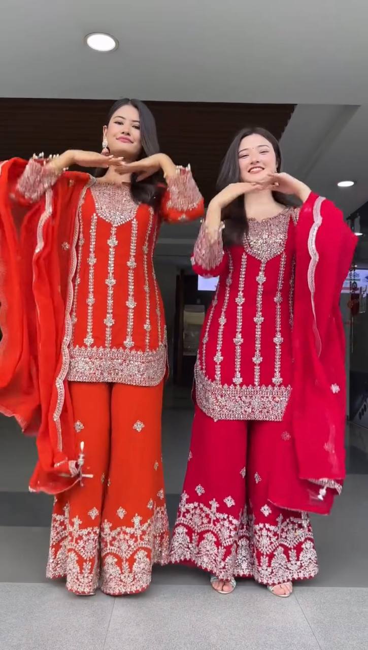 Premium Chinnon Silk Palazzo Suit with Heavy Coding Sequence Work