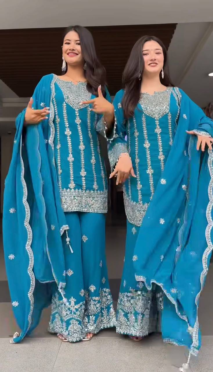 Premium Chinnon Silk Palazzo Suit with Heavy Coding Sequence Work