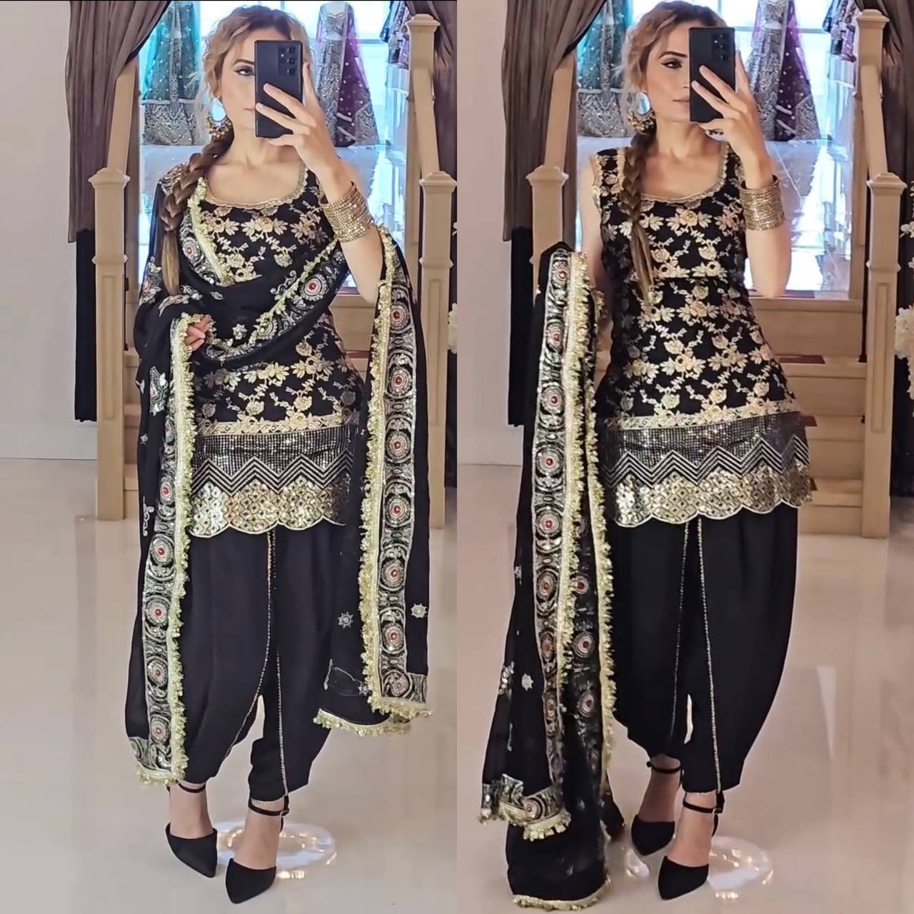 Black & Gold Heavy Natural Crepe Silk Embroidered Dhoti Salwar Set with Dupatta