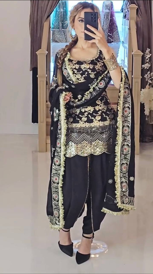 Black & Gold Heavy Natural Crepe Silk Embroidered Dhoti Salwar Set with Dupatta