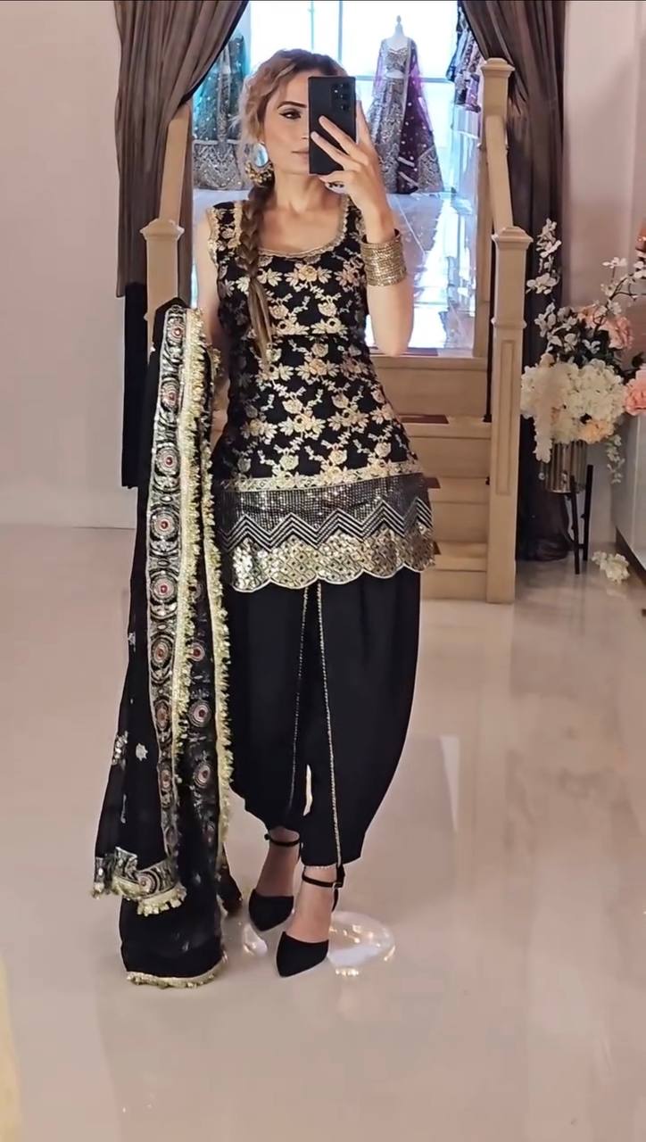 Black & Gold Heavy Natural Crepe Silk Embroidered Dhoti Salwar Set with Dupatta