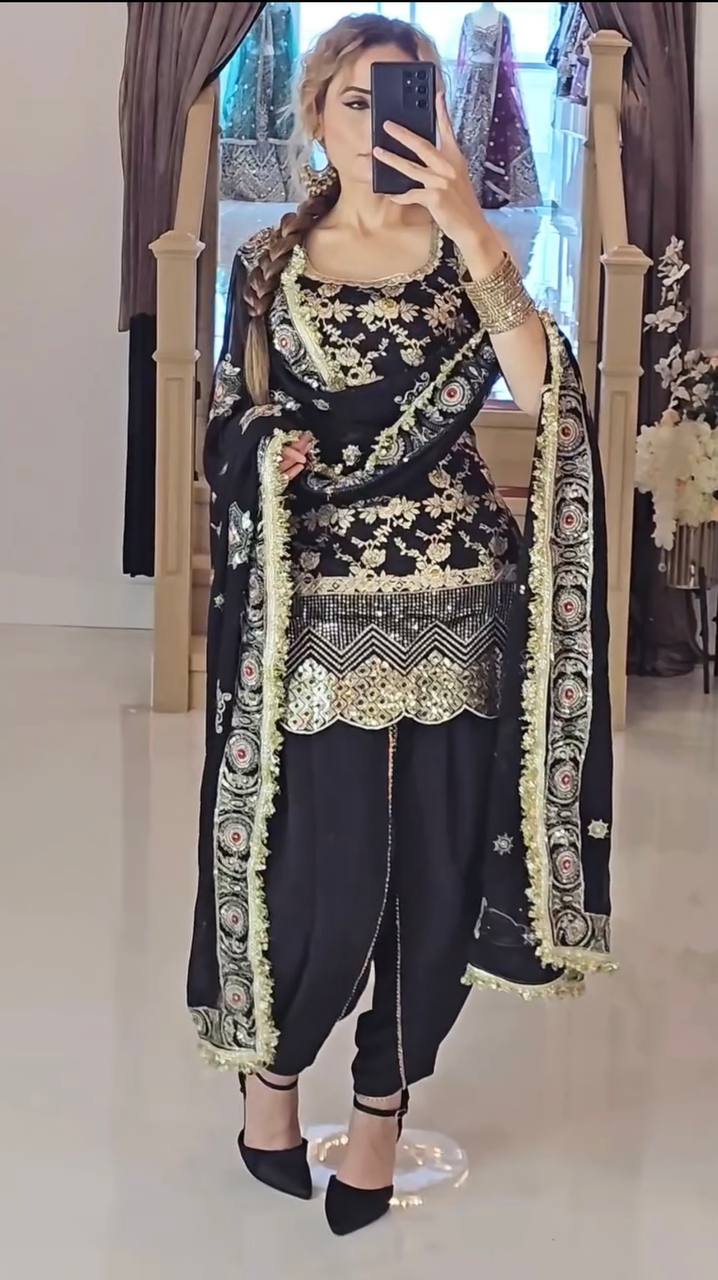 Black & Gold Heavy Natural Crepe Silk Embroidered Dhoti Salwar Set with Dupatta