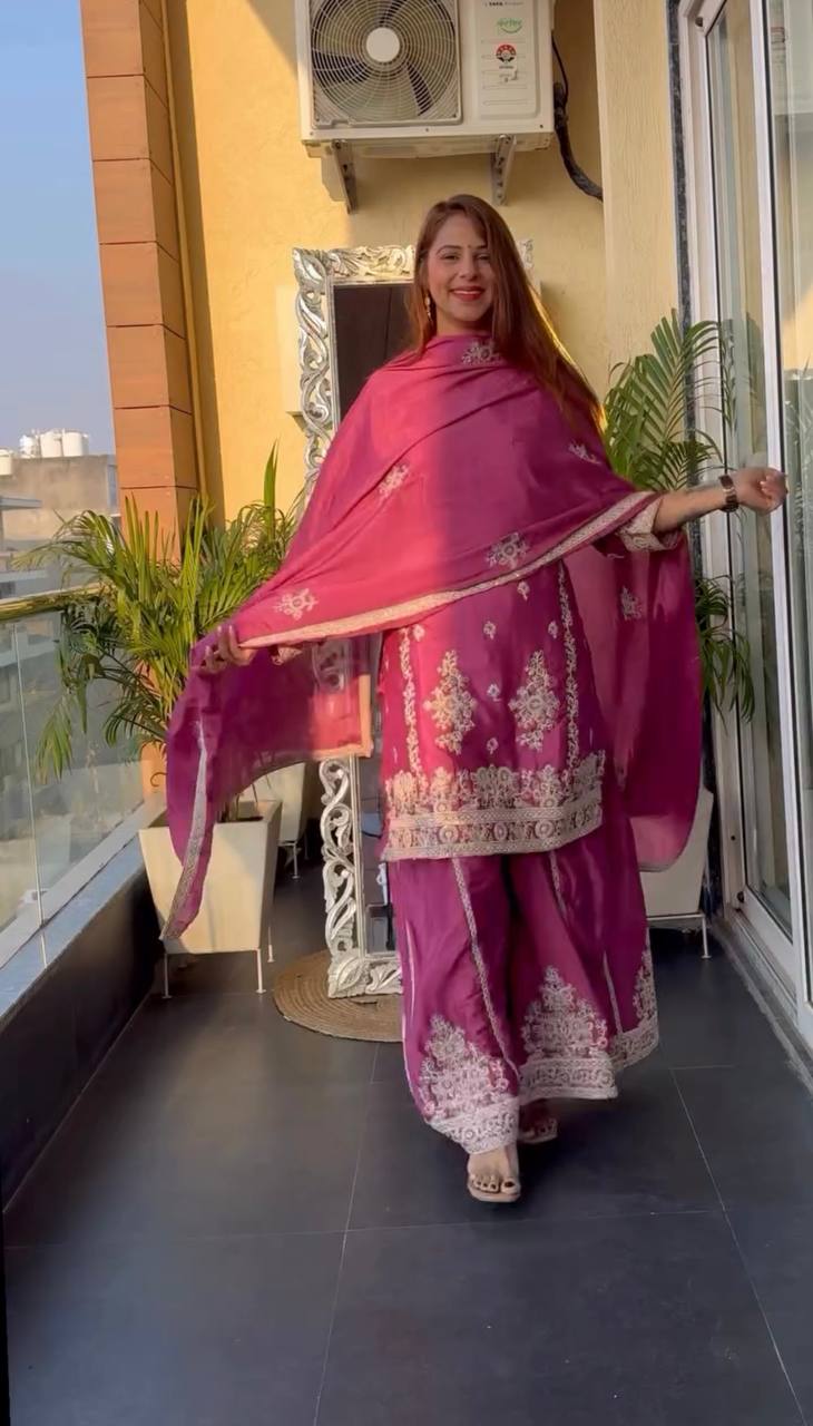 Premium Chinnon Silk Heavy Embroidered Suit Set with Palazzo & Dupatta – A One Quality