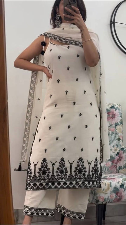 Premium White & Black Maska Cotton Silk Suit with Embroidery & Dupatta