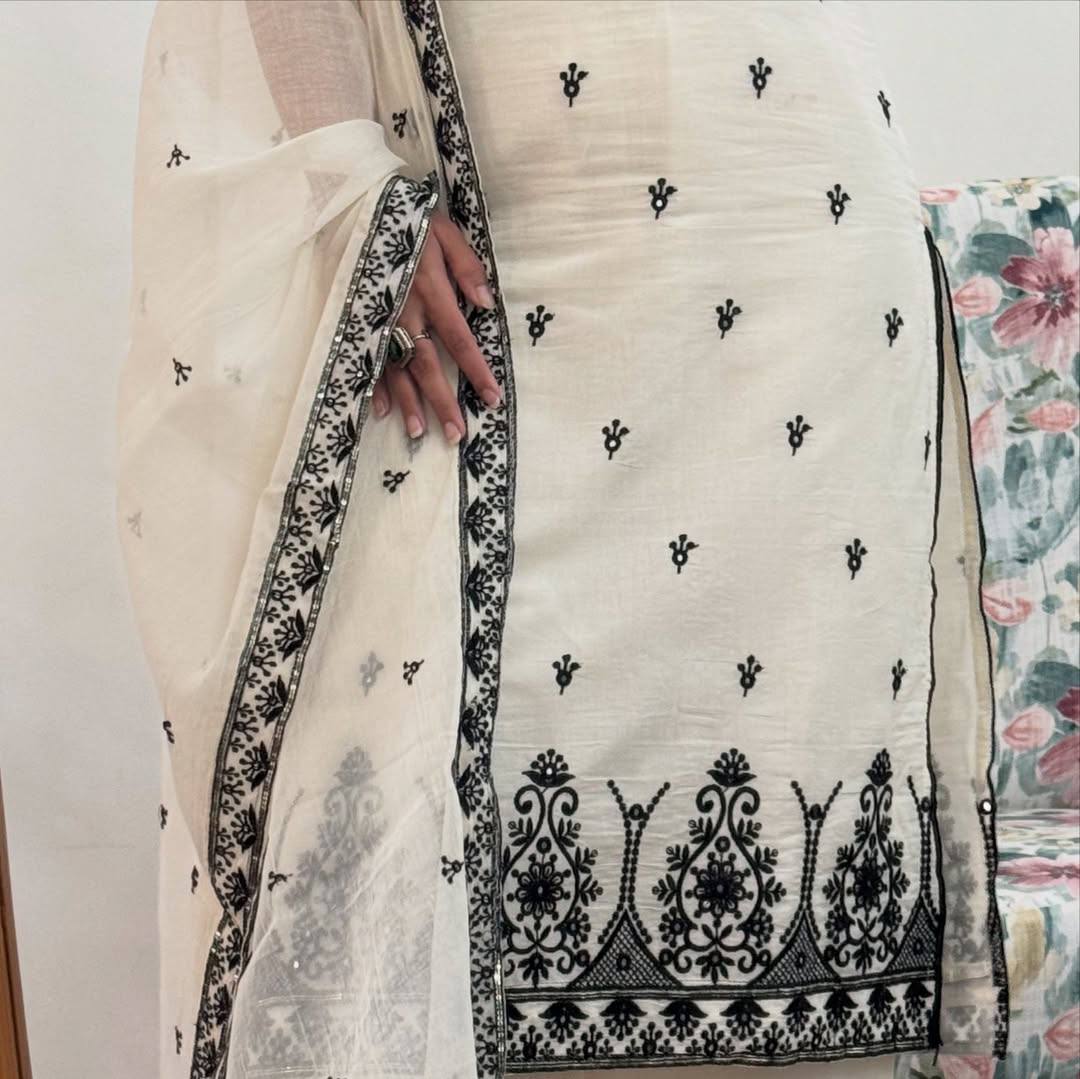 Premium White & Black Maska Cotton Silk Suit with Embroidery & Dupatta