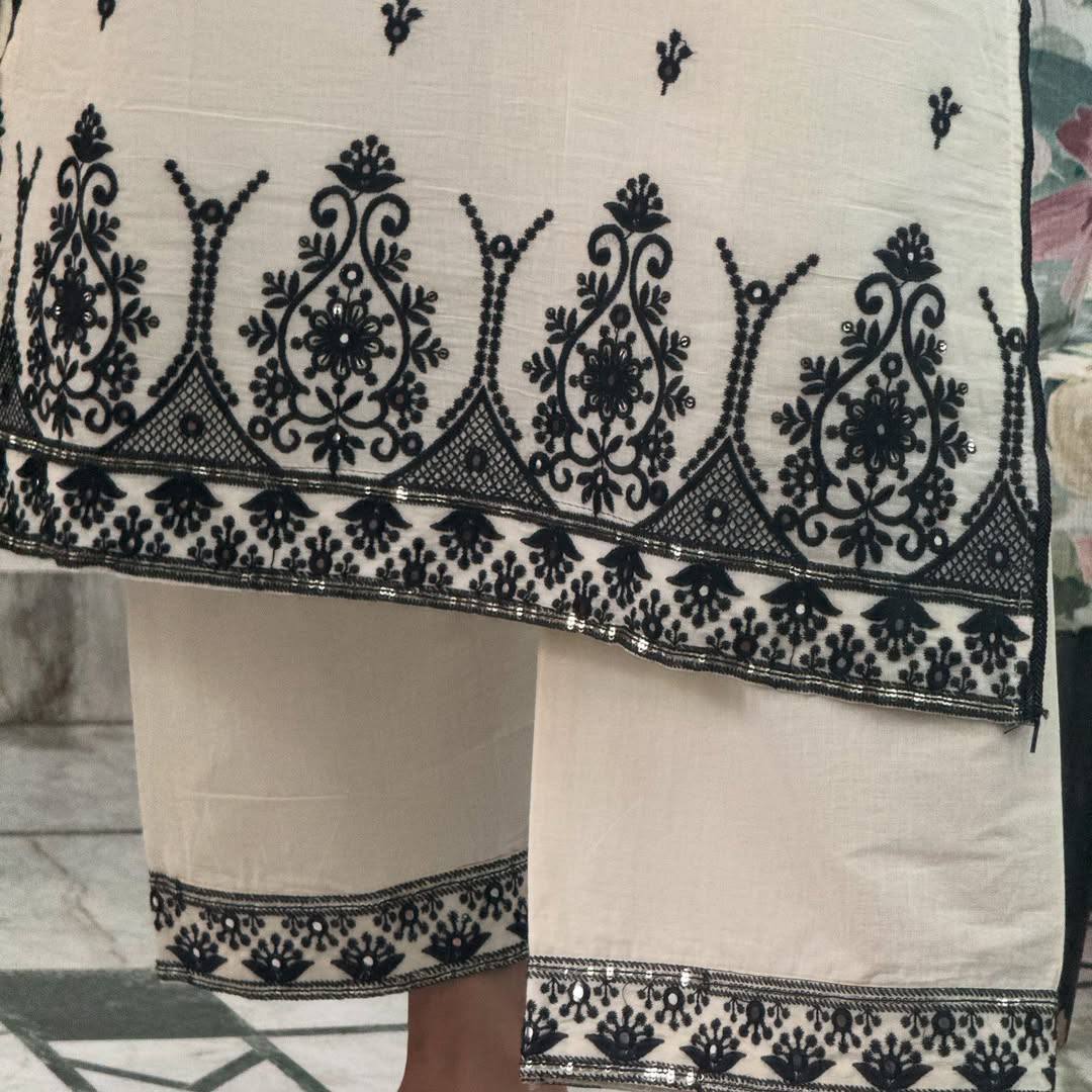 Premium White & Black Maska Cotton Silk Suit with Embroidery & Dupatta