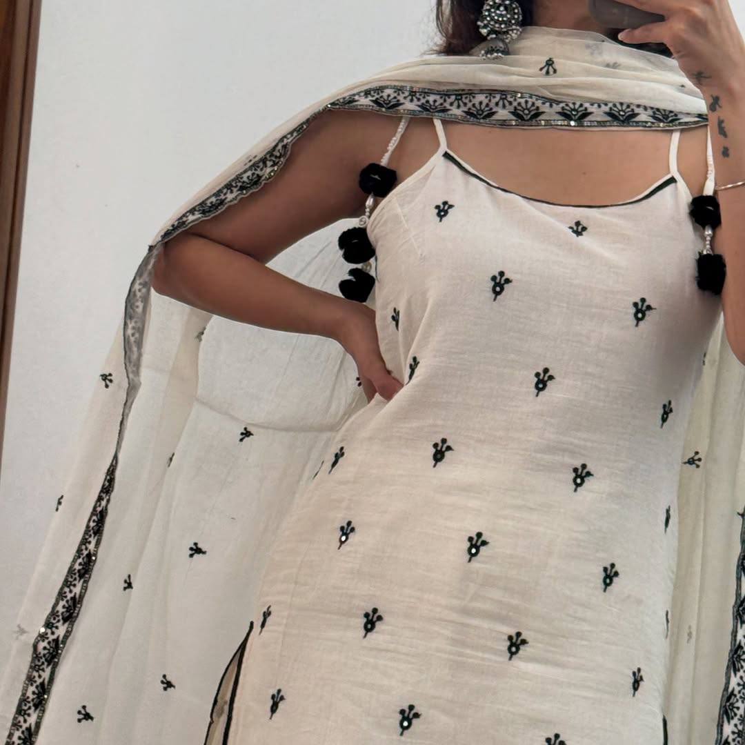 Premium White & Black Maska Cotton Silk Suit with Embroidery & Dupatta