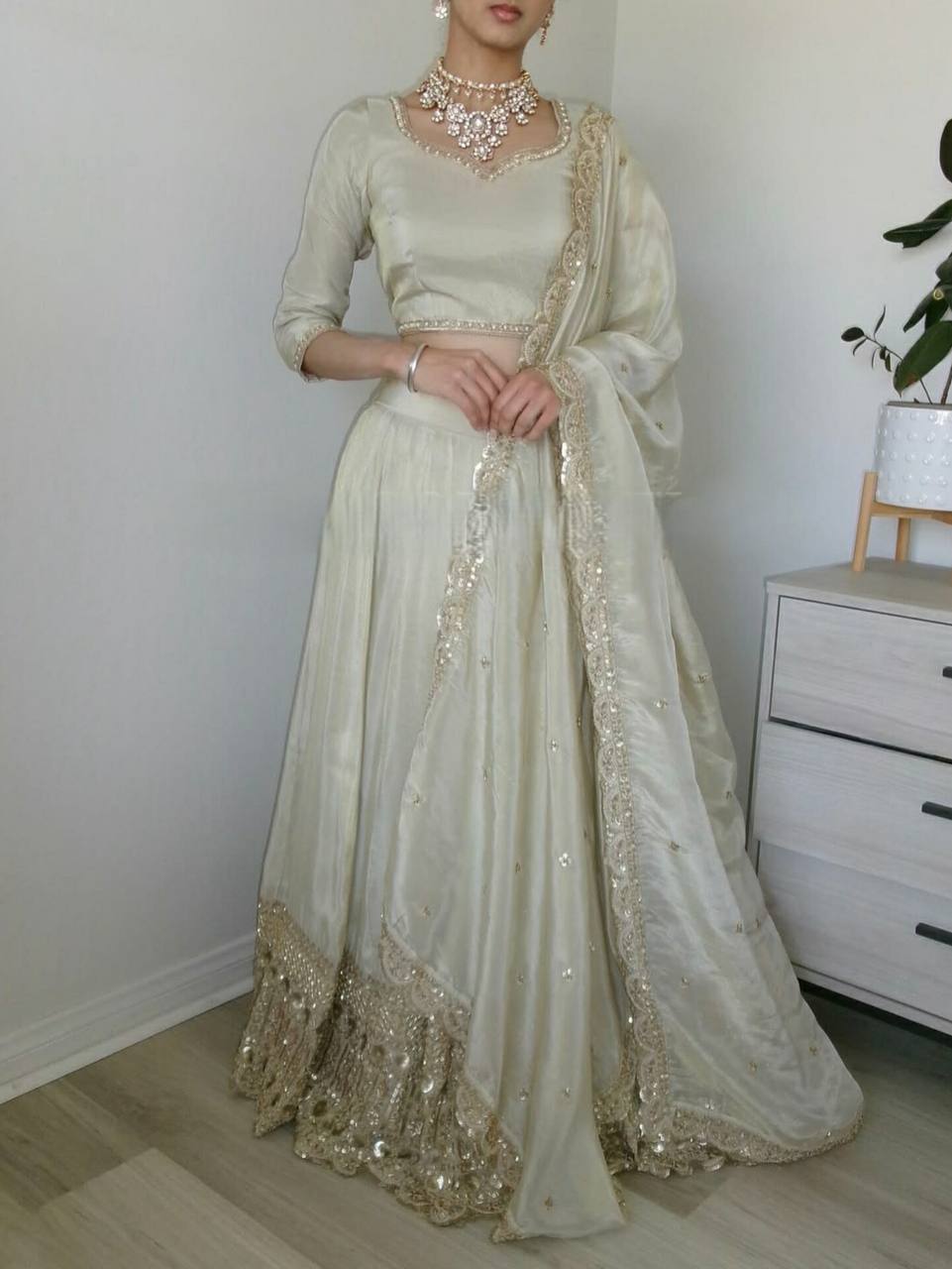 Designer Wedding Wear Neutral Crepe Silk Lehenga Choli with Dupatta – Embroidery & 5mm Sequence Work