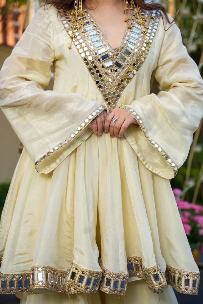 Designer Cosmos Top Plazzo Set with Real Mirror Work Dupatta