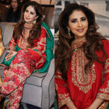 Designer Red Malay Silk Embroidered Suit with Digital Print Farshi Salwar & Organza Dupatta – Fully Stitched Premium Set