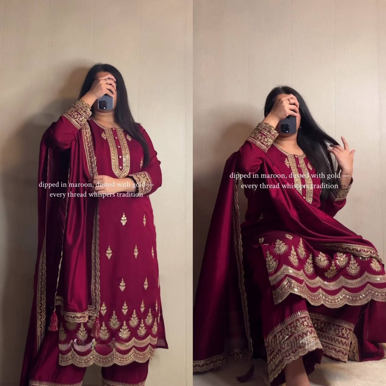 Designer Party Wear Natural Crepe Silk Kurti Pant Set with Dupatta – Heavy Embroidery Sequence Work